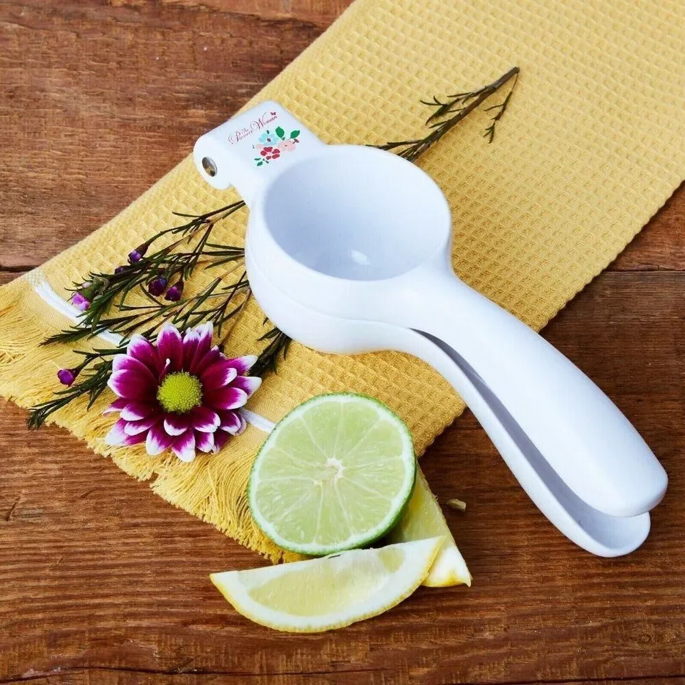 Pioneer Woman Garden Party Citrus Press Juicer Handheld Filter White Cast Iron